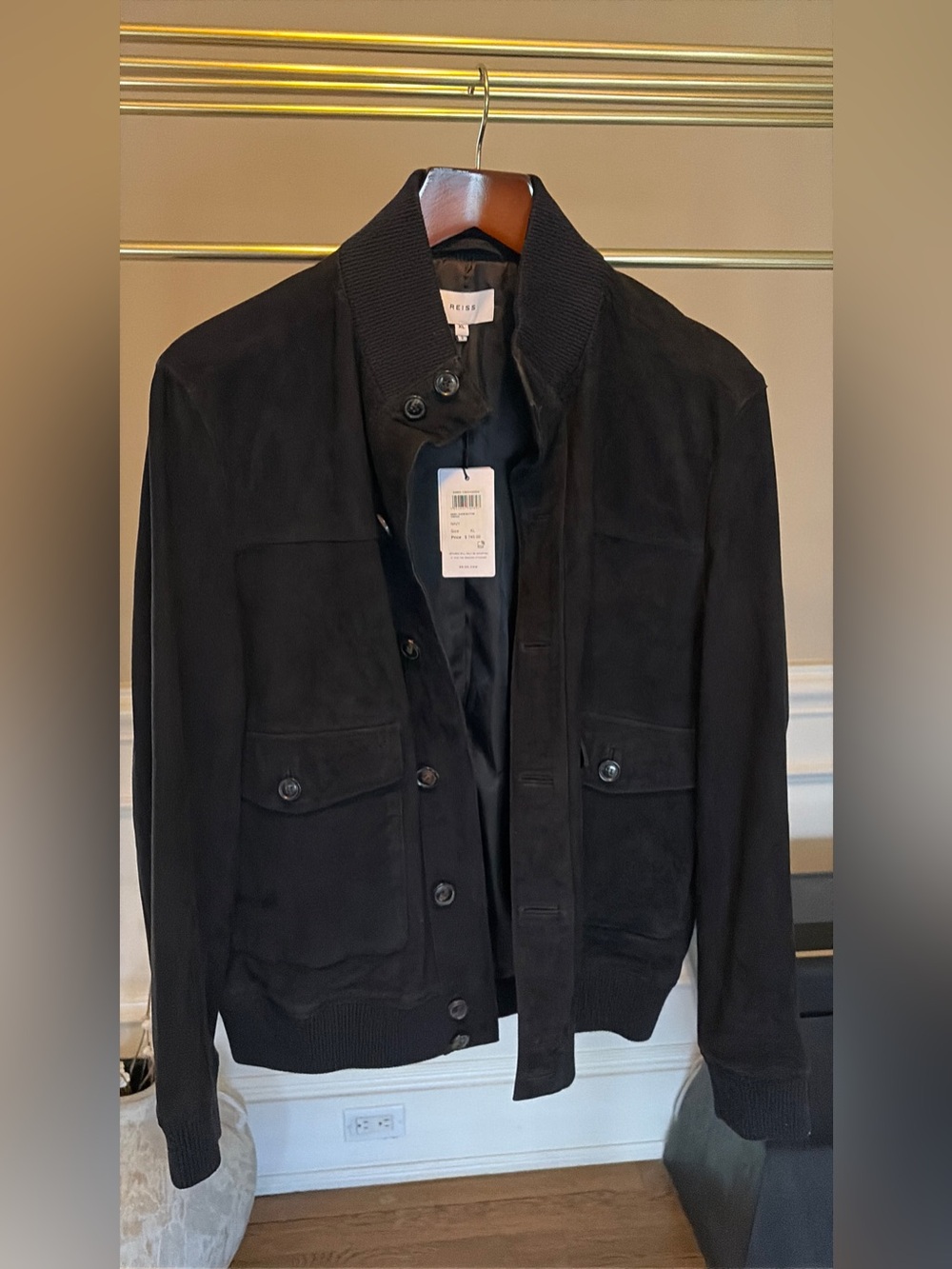 NWT Reiss Men's Goat Suede Bomber Jacket XL. ”Navy” but very dark appears black
